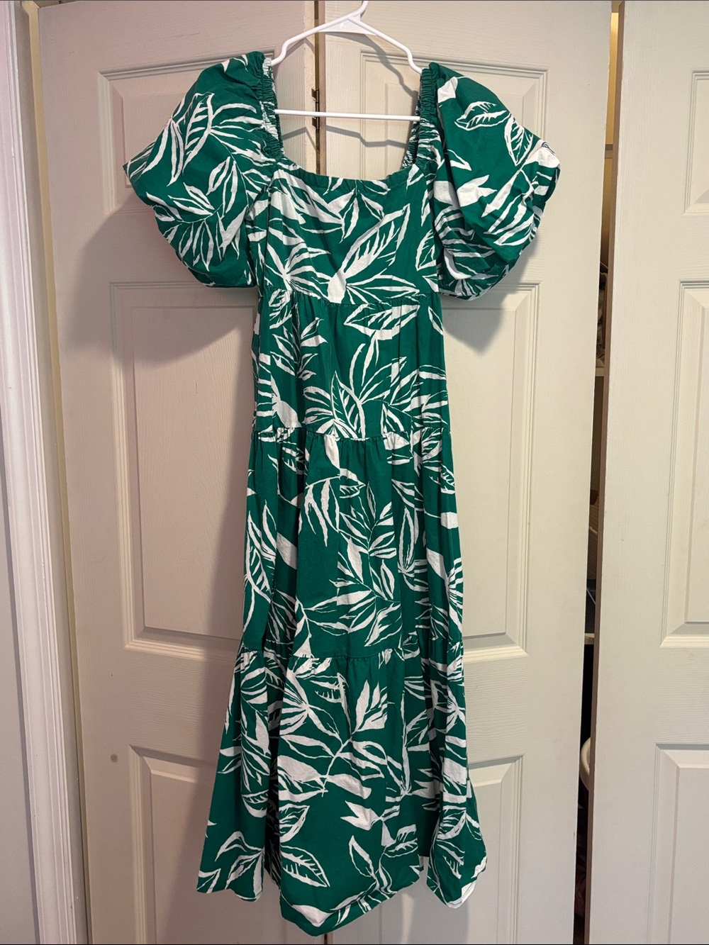 Green Leaf-Print Puff-Sleeve Midi Dress - Unbranded